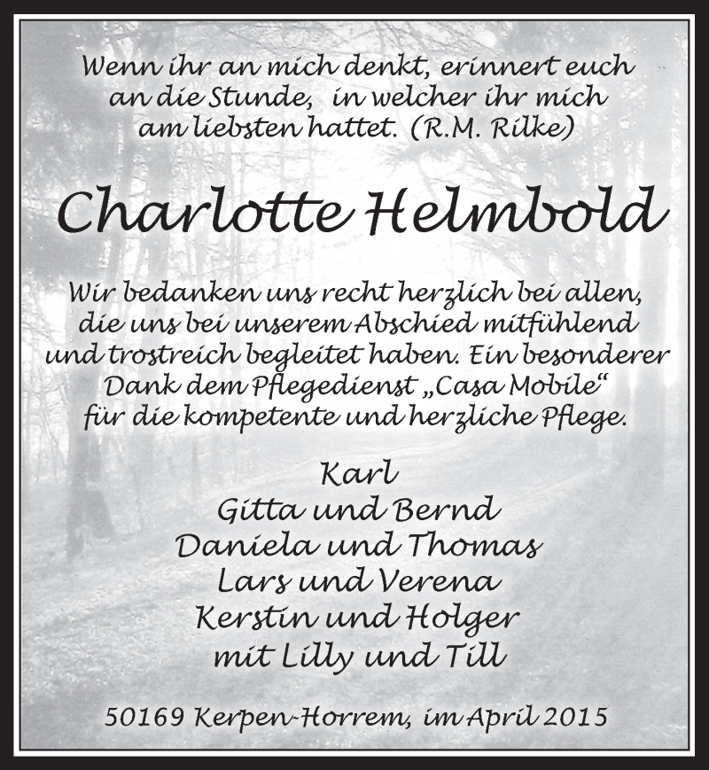  Traueranzeige für Charlotte Helmbold vom 15.04.2015 aus  Werbepost 