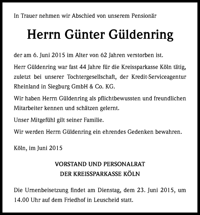  Traueranzeige für Günter Güldenring vom 19.06.2015 aus Kölner Stadt-Anzeiger / Kölnische Rundschau / Express