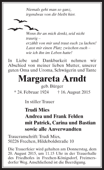 Anzeige von Margareta Arndt von  Wochenende 
