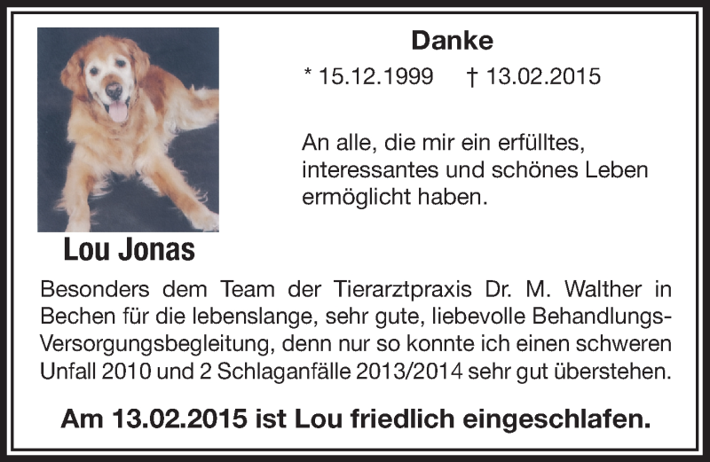  Traueranzeige für Lou Jonas  vom 21.02.2015 aus  Bergisches Sonntagsblatt 