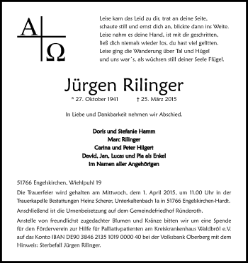 Anzeige von Jürgen Rilinger von Kölner Stadt-Anzeiger / Kölnische Rundschau / Express