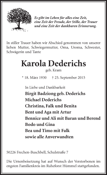 Anzeige von Karola Dederichs von  Sonntags-Post 