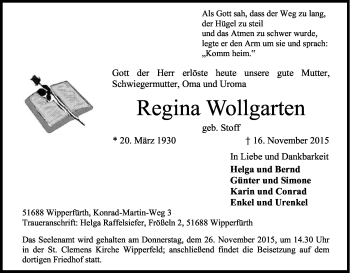 Anzeige von Regina Wollgarten von Kölner Stadt-Anzeiger / Kölnische Rundschau / Express