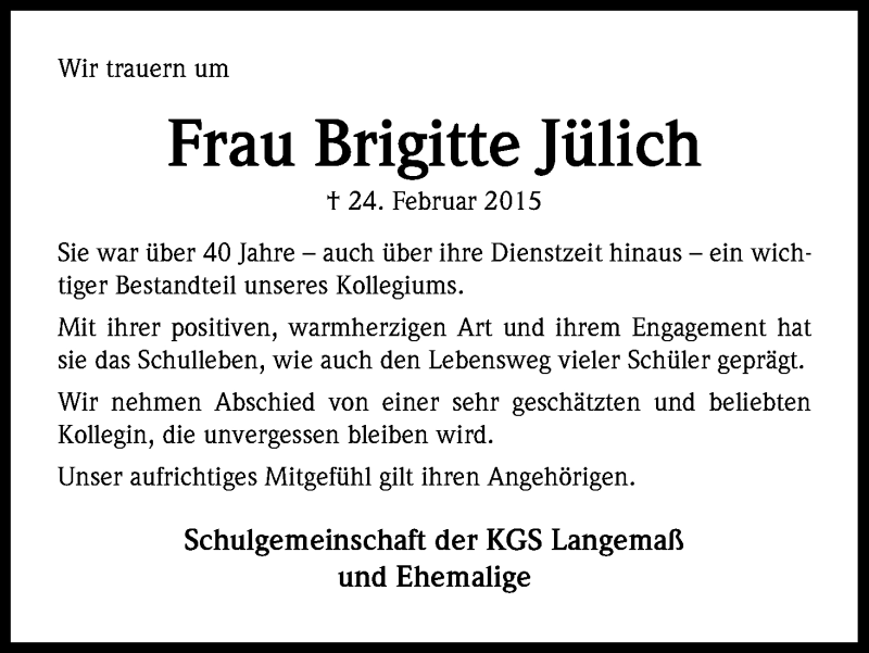 Traueranzeige für Brigitte Jülich vom 07.03.2015 aus Kölner Stadt-Anzeiger / Kölnische Rundschau / Express