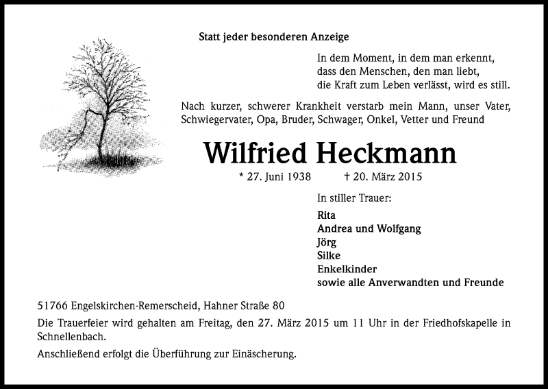  Traueranzeige für Wilfried Heckmann vom 27.03.2015 aus Kölner Stadt-Anzeiger / Kölnische Rundschau / Express