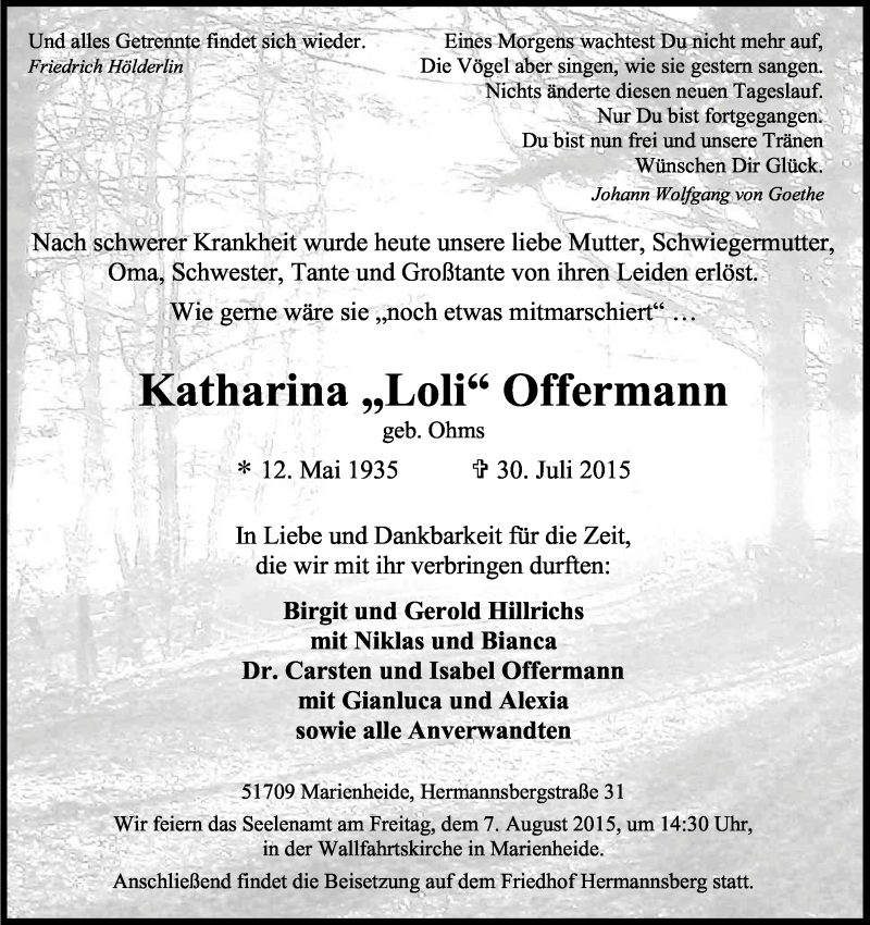  Traueranzeige für Katharina Loli Offermann vom 01.08.2015 aus Kölner Stadt-Anzeiger / Kölnische Rundschau / Express