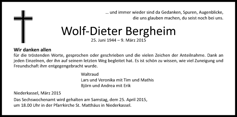  Traueranzeige für Wolf-Dieter Bergheim vom 28.03.2015 aus Kölner Stadt-Anzeiger / Kölnische Rundschau / Express