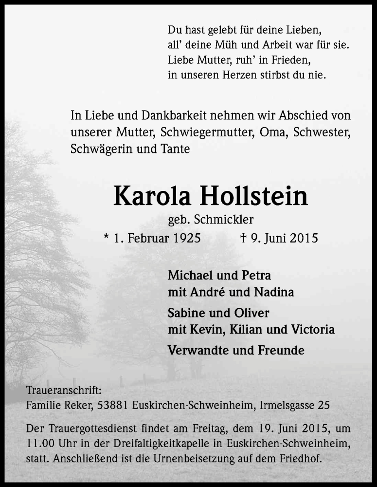  Traueranzeige für Karola Hollstein vom 13.06.2015 aus Kölner Stadt-Anzeiger / Kölnische Rundschau / Express