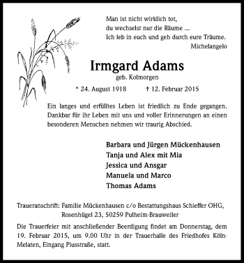 Anzeige von Irmgard Adams von Kölner Stadt-Anzeiger / Kölnische Rundschau / Express