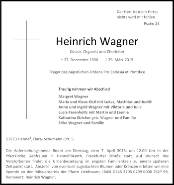 Anzeige von Heinrich Wagner von Kölner Stadt-Anzeiger / Kölnische Rundschau / Express