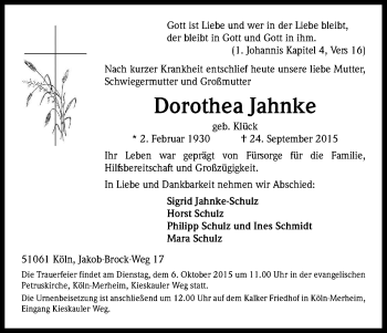 Anzeige von Dorothea Jahnke von Kölner Stadt-Anzeiger / Kölnische Rundschau / Express