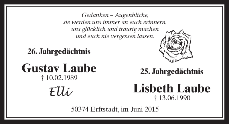  Traueranzeige für Gustav und Lisbeth Laube vom 10.06.2015 aus  Werbepost 