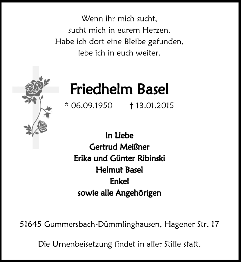  Traueranzeige für Friedhelm Basel vom 28.01.2015 aus  Anzeigen Echo 