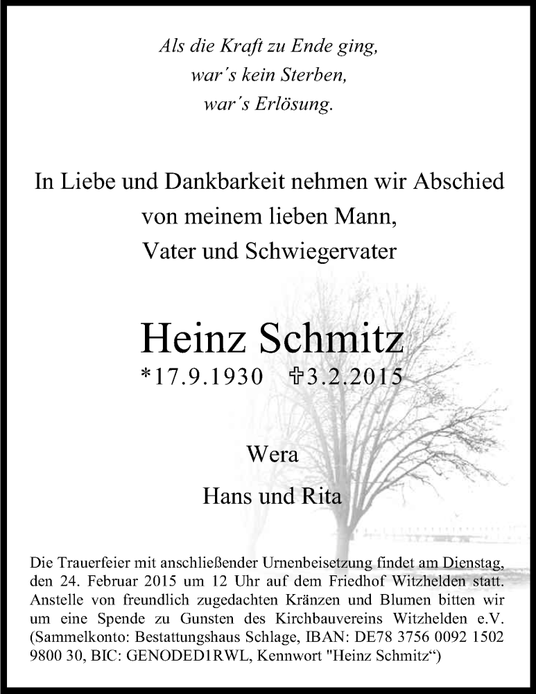  Traueranzeige für Heinz Schmitz vom 07.02.2015 aus Kölner Stadt-Anzeiger / Kölnische Rundschau / Express