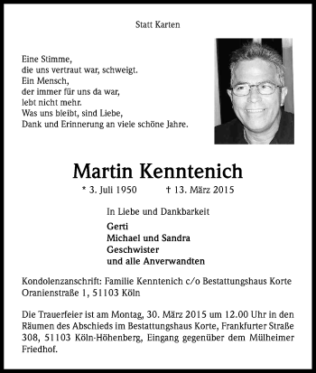 Anzeige von Martin Kenntenich von Kölner Stadt-Anzeiger / Kölnische Rundschau / Express