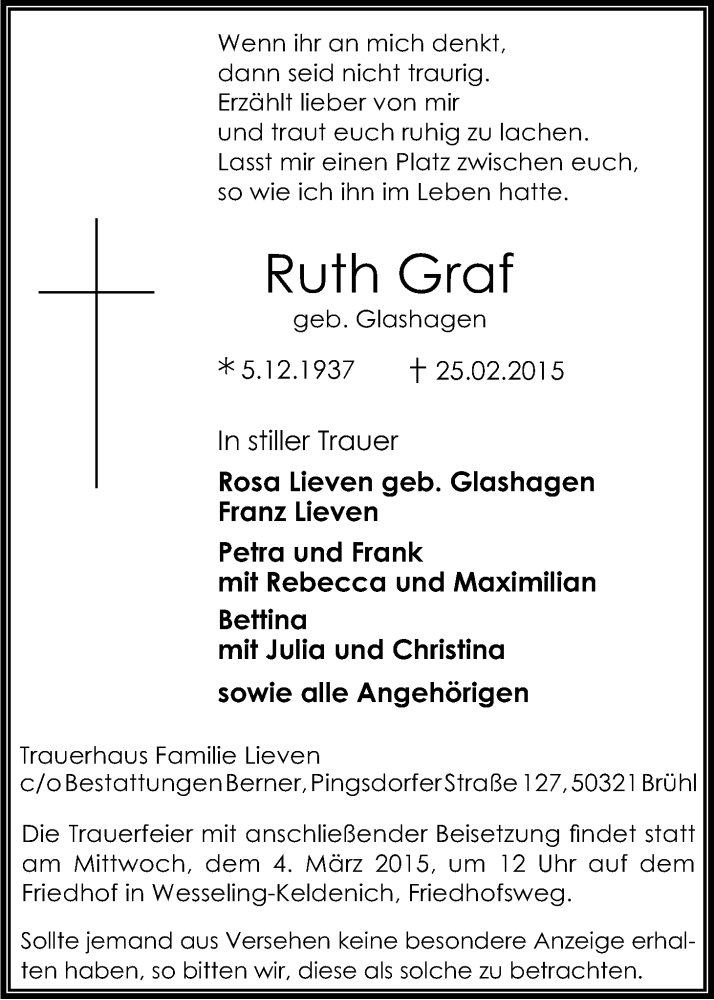  Traueranzeige für Ruth Graf vom 28.02.2015 aus Kölner Stadt-Anzeiger / Kölnische Rundschau / Express