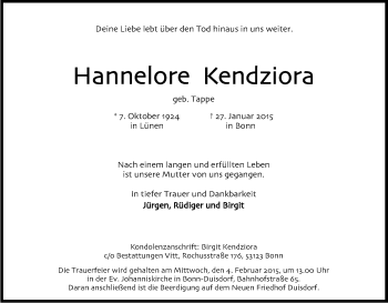 Anzeige von Hannelore Kendiziora von Kölner Stadt-Anzeiger / Kölnische Rundschau / Express