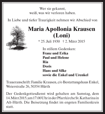Anzeige von Maria Apollonia Krausen von  Wochenende 