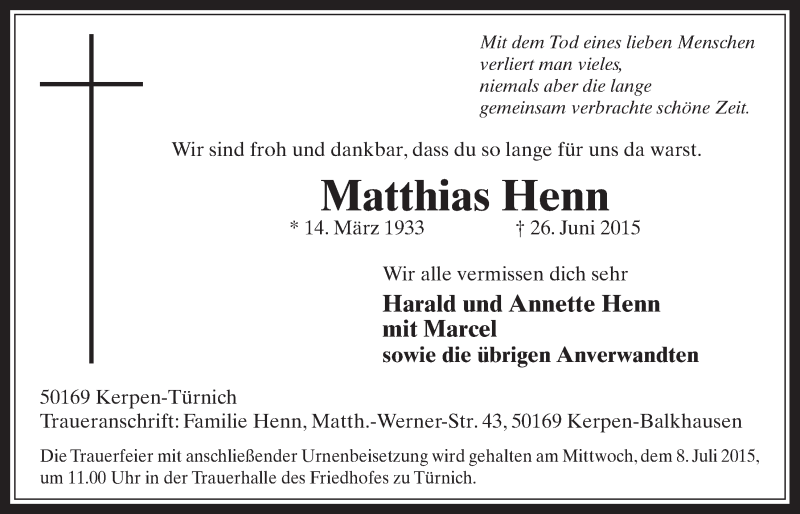  Traueranzeige für Matthias Henn vom 01.07.2015 aus  Werbepost 