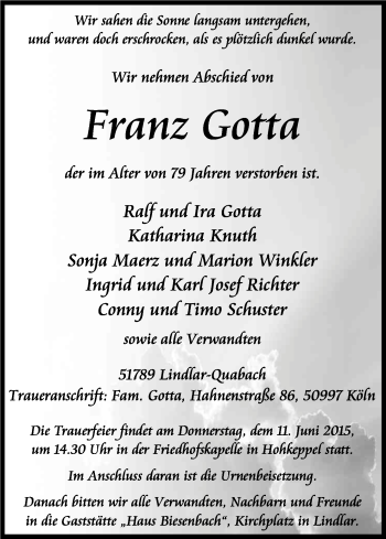 Anzeige von Franz Gotta von Kölner Stadt-Anzeiger / Kölnische Rundschau / Express