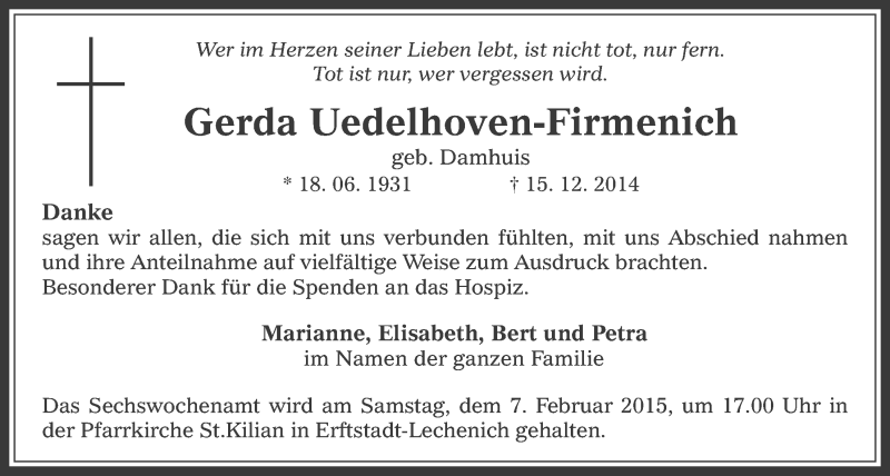  Traueranzeige für Gerda Uedelhoven-Firmenich vom 28.01.2015 aus  Werbepost 