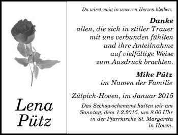 Anzeige von Lena Pütz von  Blickpunkt Euskirchen 