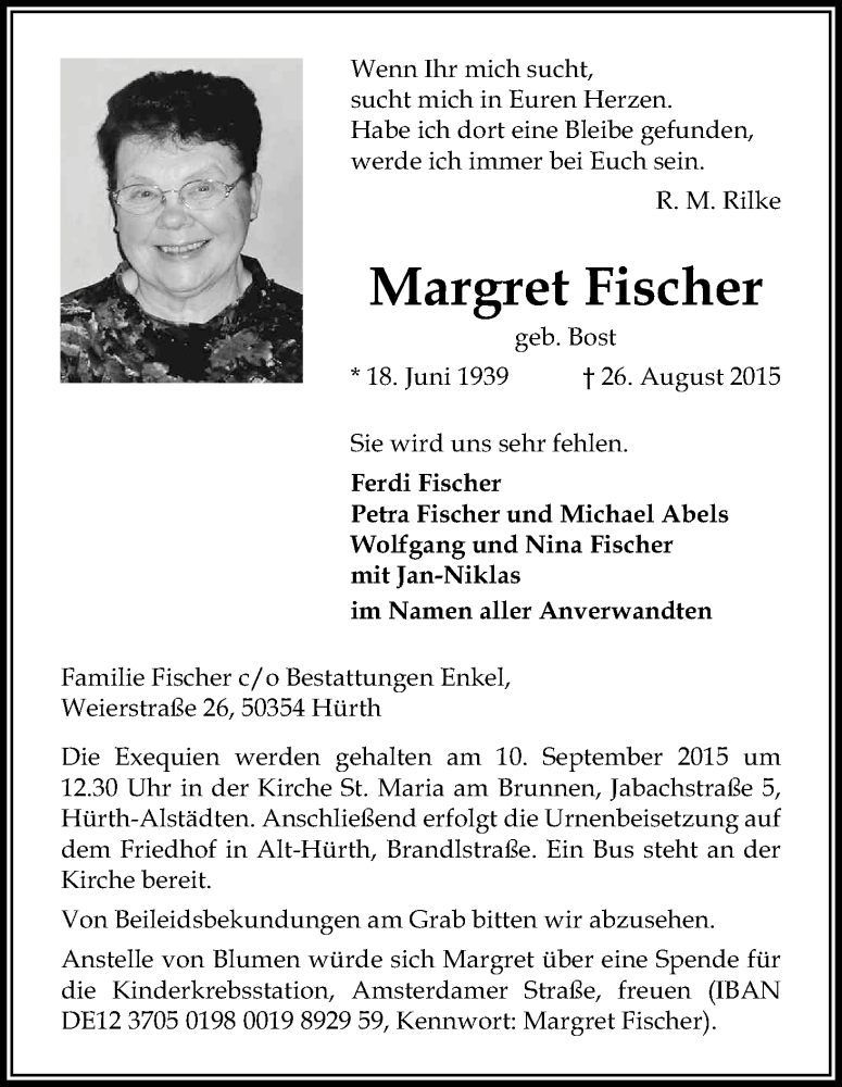 Traueranzeige für Margret Fischer vom 05.09.2015 aus Kölner Stadt-Anzeiger / Kölnische Rundschau / Express