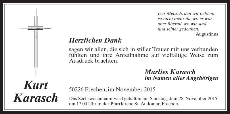  Traueranzeige für Kurt Karasch vom 25.11.2015 aus  Wochenende 