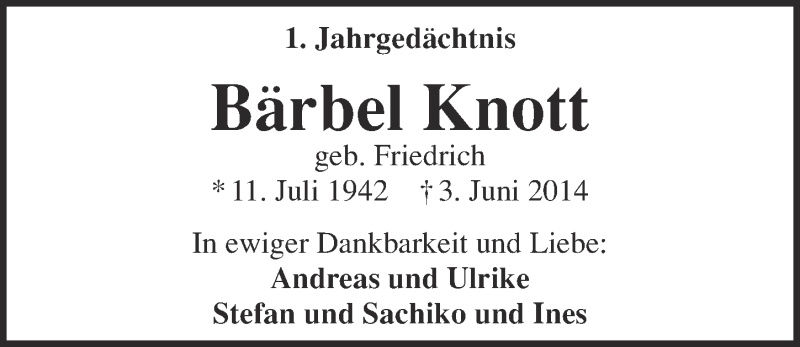  Traueranzeige für Bärbel Knott vom 03.06.2015 aus  Kölner Wochenspiegel 