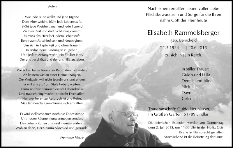  Traueranzeige für Elisabeth Rammelsberger vom 25.06.2015 aus Kölner Stadt-Anzeiger / Kölnische Rundschau / Express