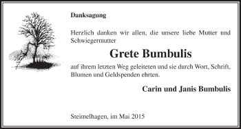 Anzeige von Grete Bumbulis von  Lokalanzeiger 