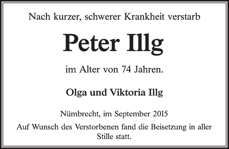  Traueranzeige für Peter Illg vom 23.09.2015 aus  Lokalanzeiger 