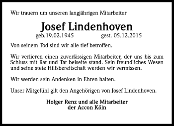 Anzeige von Josef Lindenhoven von Kölner Stadt-Anzeiger / Kölnische Rundschau / Express