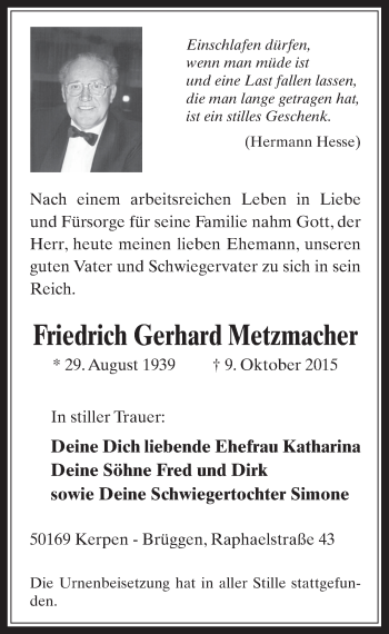 Anzeige von Friedrich Gerhard Metzmacher von  Werbepost 