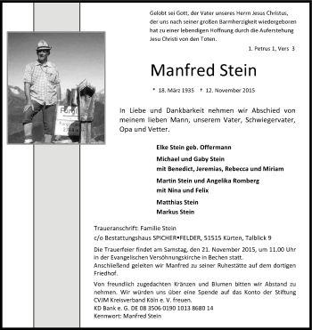 Anzeige von Manfred Stein von Kölner Stadt-Anzeiger / Kölnische Rundschau / Express