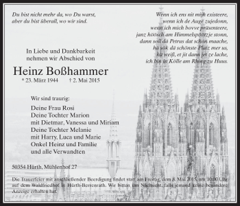 Anzeige von Heinz Boßhammer von  Wochenende 