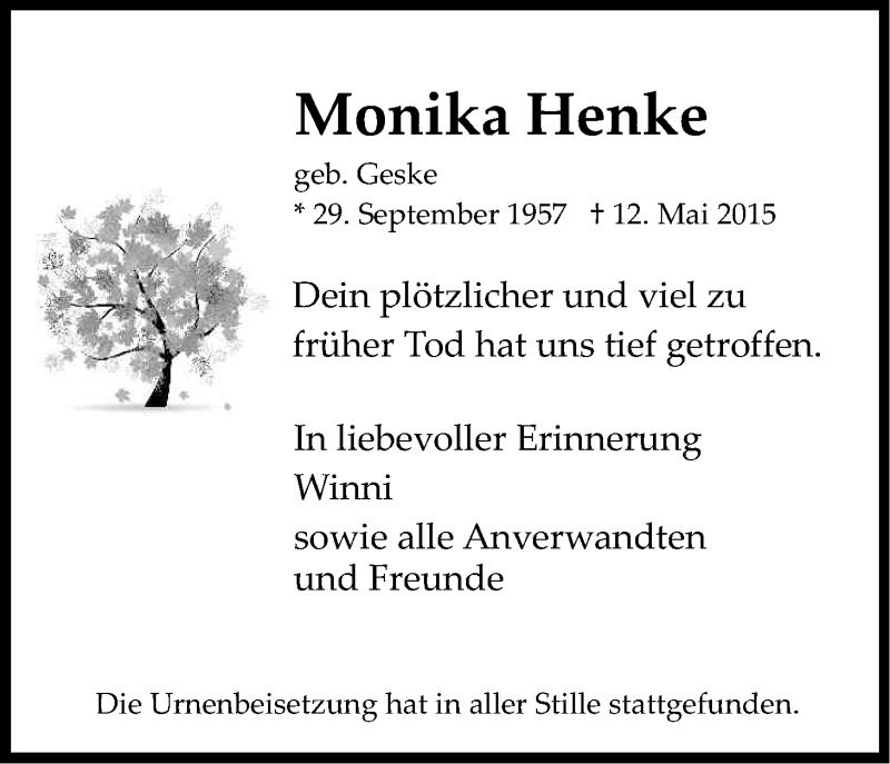  Traueranzeige für Monika Henke vom 06.06.2015 aus Kölner Stadt-Anzeiger / Kölnische Rundschau / Express