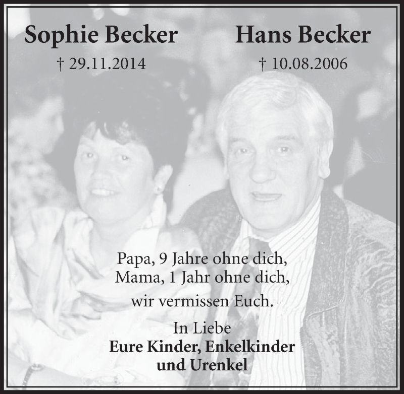 Traueranzeige für Sophie Becker vom 28.11.2015 aus  Sonntags-Post 