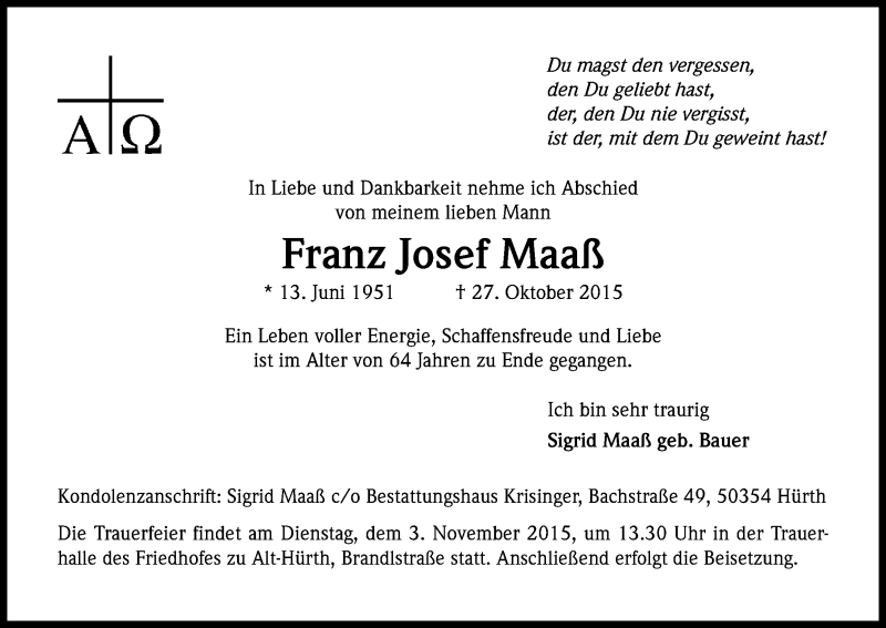  Traueranzeige für Franz Josef Maaß vom 31.10.2015 aus Kölner Stadt-Anzeiger / Kölnische Rundschau / Express