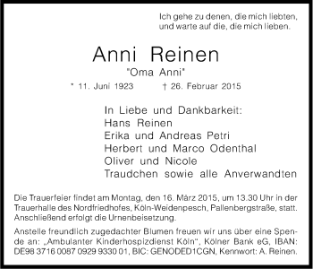 Anzeige von Anni Reinen von Kölner Stadt-Anzeiger / Kölnische Rundschau / Express