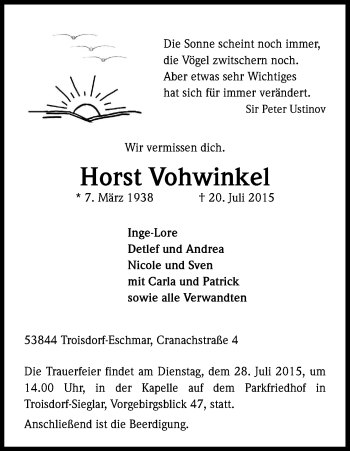 Anzeige von Horst Vohwinkel von Kölner Stadt-Anzeiger / Kölnische Rundschau / Express