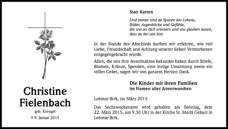  Traueranzeige für Christine Fielenbach vom 14.03.2015 aus Kölner Stadt-Anzeiger / Kölnische Rundschau / Express