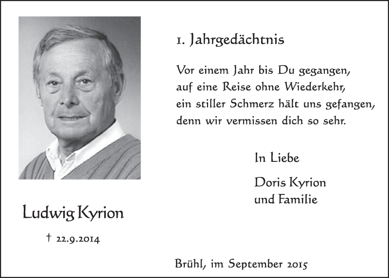  Traueranzeige für Ludwig Kyrion vom 23.09.2015 aus  Schlossbote/Werbekurier 