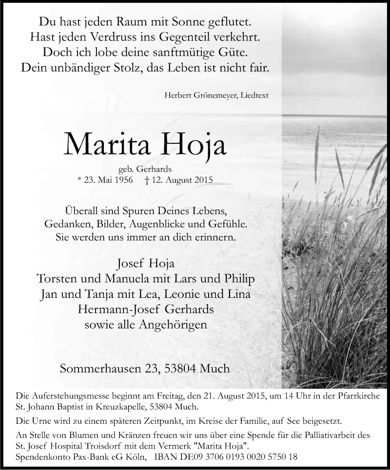  Traueranzeige für Marita Hoja vom 15.08.2015 aus Kölner Stadt-Anzeiger / Kölnische Rundschau / Express