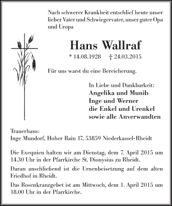 Anzeige von Hans Wallraf von  Extra Blatt 