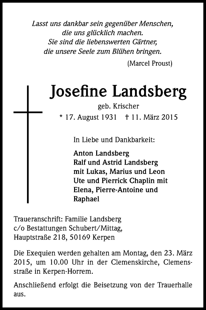  Traueranzeige für Josefine Landsberg vom 16.03.2015 aus Kölner Stadt-Anzeiger / Kölnische Rundschau / Express