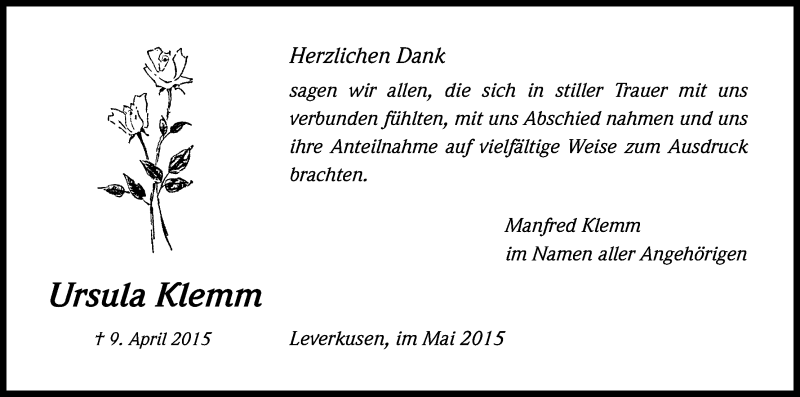  Traueranzeige für Ursula Klemm vom 16.05.2015 aus Kölner Stadt-Anzeiger / Kölnische Rundschau / Express