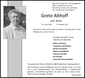 Anzeige von Grete Althoff von Kölner Stadt-Anzeiger / Kölnische Rundschau / Express