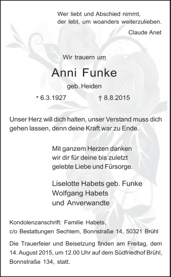 Anzeige von Anni Funke von  Schlossbote/Werbekurier 