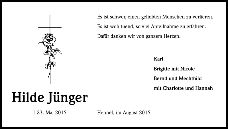  Traueranzeige für Hilde Jünger vom 15.08.2015 aus Kölner Stadt-Anzeiger / Kölnische Rundschau / Express
